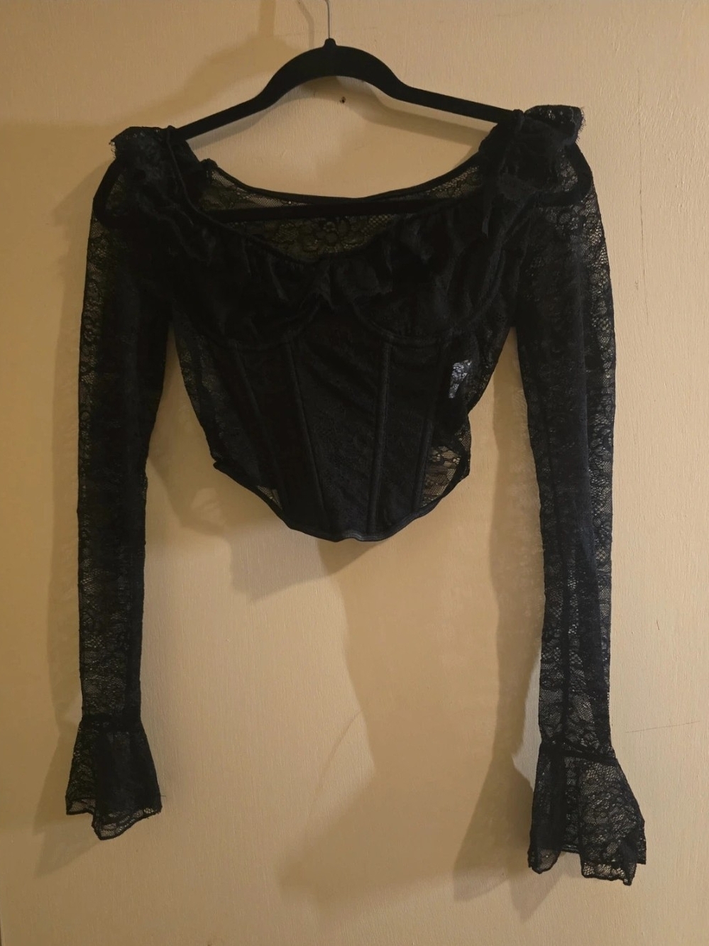 Black Lace Off-Shoulder Long Sleeve Corset Top